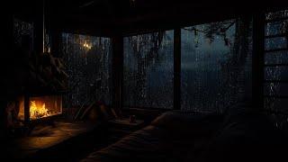 Cozy Cabin Room at Night | Rain and Fireplace Sounds for Relaxation