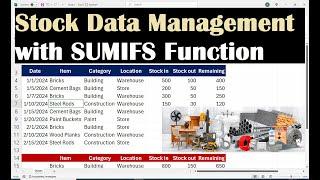 Advanced Excel Tutorial: Stock Data Management with SUMIFS Function | Real-Life Construction Example