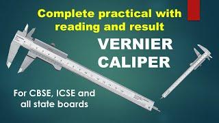 'Physics Vernier calipers practical, with readings, observation, calculation and result'.