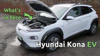 A look underneath and under the bonnet on a 2019 Hyundai Kona Electric 64kWh