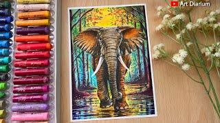 Elephant in Nature Drawing with Oil Pastel Step-by-Step