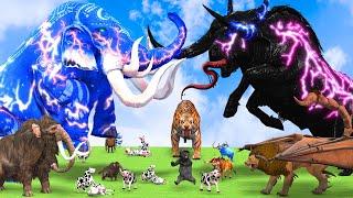 5 Giant Mammoth Elephant Cow Vs 5 Giant Lion Tiger Vs Hybrid Zombie Bull Black Saved Woolly Mammoth