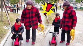 Great-grandson refuses to ride a bike, grandmother violently educates him#funny#Cutebaby