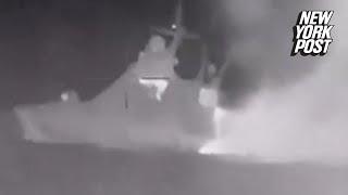 Dramatic video shows Russian Black Sea ship sinking after Ukraine drone attack