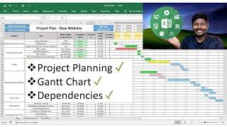 Project planning on Excel with Gantt chart and Dependency arrows. Download template