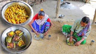 Begun vaja and  Egg Cauliflower recipe cooking and eating by santali tribe old couple