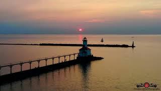 Stunning Sunset Flight Around Michigan City Lighthouse 4K Drone Footage