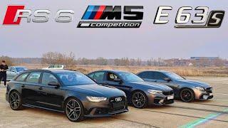 Audi RS6 vs BMW M5 vs AMG E63S - DRAG RACE + бонус BMW X5M, X6M, M3 e92, Golf R, WRX Sti - versus