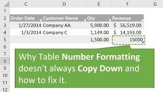 Why Excel Table Number Formatting Doesn't Copy Down and How to Fix It