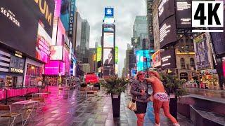 ⁴ᴷ⁶⁰ Walking Times Square New York City in Tropical Storm Isaias 2020-Manhattan Times Square in Rain