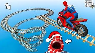 الأبطال الخارقين على القضبان دوامة قمع جس  SPIDER-MAN on Motorcycle in Spiral Bridge Stunt Ride!*!