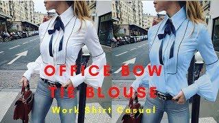 Office Bow Tie Blouse Women Lantern Sleeve White Button Necktie Shirts Female Elegant Work Shirt.