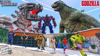 Robot Godzilla Killed Avengers & Optimus Prime and Franklin Finding Godzilla For save Avengers GTA 5