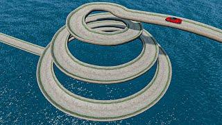 Impossible Spiral Cone Bridge Crossing Stunt Cars Vs Cliff and Deep Water - BeamNG.Drive