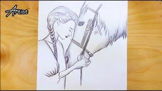 How to draw girl hugging horse at. Horse lover || Easy step by step for beginners