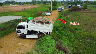 New project!! Huge Landfill Up by bulldozer D58E KOMATSU Pushing Soil & dump truckUnloading