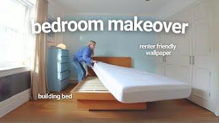 Renter friendly bedroom makeover | DIY furniture, decorating, peel & stick wallpaper