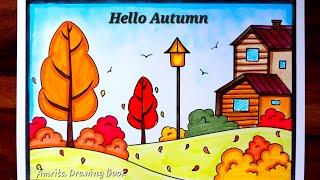 Autumn Season Drawing | Easy and Simple Autumn Season Drawing | Type of Seasons Drawing | Scenery