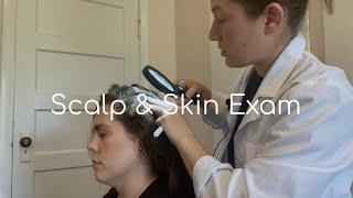 Real Person Scalp and Skin Check Exam with Light, Magnifier and Brushing