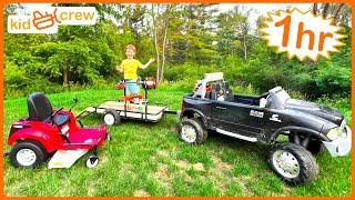 Landscaping compilation with kids ride on zero turn mower, tractor, truck and chainsaw | Educational