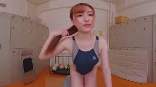 Suzu Mitake One-Piece Navy-and-Gray Swimsuit Body Hair Brushing Cold Showering Indoor Room Scene