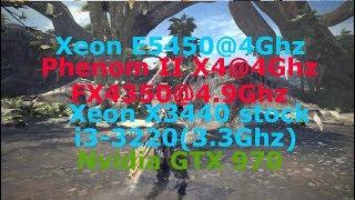 Monster Hunter E5450 vs Phenom II X4 vs FX 4350 vs i3 3220 vs X3440 stock (gtx 970) 720p/1080p