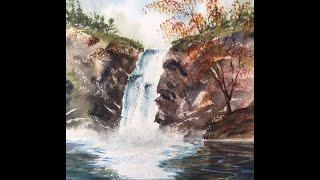 Водопад акварелью. Waterfall in watercolour