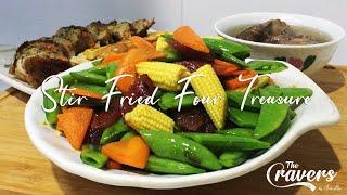 Stir Fried Four Treasure (Chinese Sausages, Baby Corns, Sweet Peas & Carrots | Confinement Meal