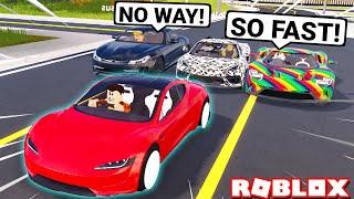 Super Car Owners Race My $4M Tesla Roadster! [Fastest Car in Vehicle Legends] (Roblox)