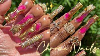 GOLD CHROME NAILS 3D  | BLING  HOW TO FULL ACRYLIC NAIL TUTORIAL