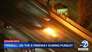 CAUGHT ON VIDEO: Suspect's car bursts into flames while fleeing police on freeway in Elysian Valley