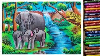 Forest Scenery Drawing Easy | Wildlife Drawing | Forest Drawing With Animals | Jungle Drawing