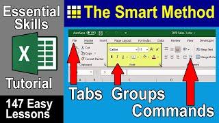 1-12:  Show/Hide the Excel Ribbon and use Tabs, Groups and Commands.