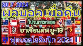 ผลบอลเมื่อคืน-โปรแกรมบอลคืนนี้/อาเซียนคัพ ยู19/ฟุตบอลโอลิมปิก2024/กระชับมิตรสโมสร/30/7/2024