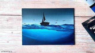 Stormy Sky Underwater Seascape Painting | Acrylic Painting for Beginners | Mini Canvas Painting Idea