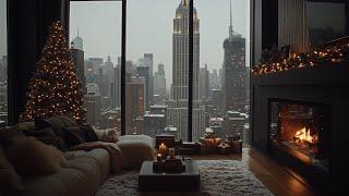 A Cozy Christmas Night From A New York City Skyrise Snowfall Winter Ambience & Crackling Fireplace