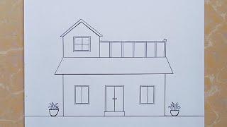 How to draw a house with pencil/របៀបគូរគំនូរផ្ទះដោយប្រើខ្មៅដៃ
