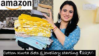 Amazon Summer Kurta Set & Jewellery Haul, Floral Print Cotton Kurta Pant & Dupatta, Kada, Necklace