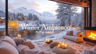 4K Sunrise By The Lake In Winter Ambience - Crackling Fireplace & Snowy  Ambience for Relaxation