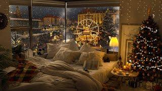 Unwind in Your Cozy Bedroom with Smooth Piano Jazz Music  Snow on Window and Christmas Ambience