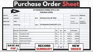 Excel Purchase Order Automation: 1-Click PDF, Record Summary & New Orders