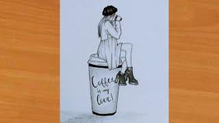 How to draw a girl drinking coffee || girl drawing|| Simple art with rose || pencil sketch| cutegirl