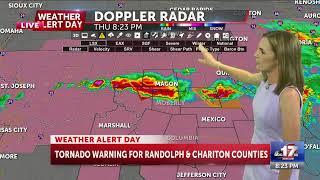 Tornado warning issued for Randolph, Chariton counties again