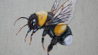 Thread Painting Art. White Tailed Bumble Bee Hand Embroidery by Moss and Feather