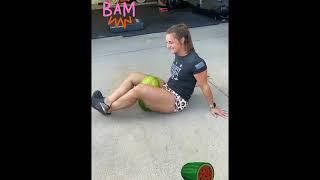 Girl with Huge Muscular Quads Breaks the Watermelon