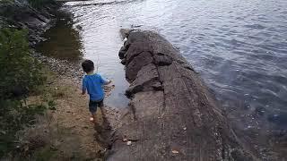 Tomlin throwing rocks in the lake at our cottage