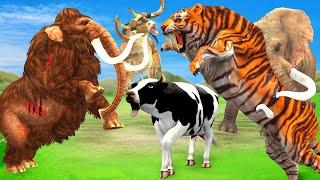 Giant Bull Attacks Saber Tooth Tiger to Save Cow Cartoon Rescued By Zombie Mammoth Elephant