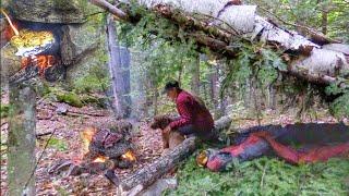 Overnight Bushcraft Camping Build Natural Primitive Bark Roof Shelter - Rock Oven - Steak on Stone