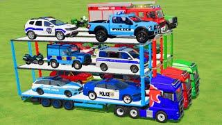 TRANSPORTING CARS, AMBULANCE, POLICE CARS, FIRE TRUCK OF COLORS! WITH TRUCKS! - FS 22