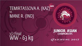 1/2 WW - 63 kg: A. TEMIRTASSOVA (KAZ) df. R. MANE (IND), 14-5